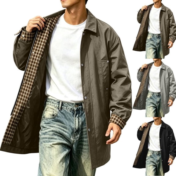 Bxsruta Mens Mid Length Trench Coat Plaid Lined Casual Outerwear Windbreaker with Pockets