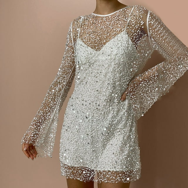WILLBEST Robes pour Femmes Assemblage Jupe à Sequins pour Femmes Grandes et Petites Perles Robe à Bretelles en Maille Transparente Deux Pièces