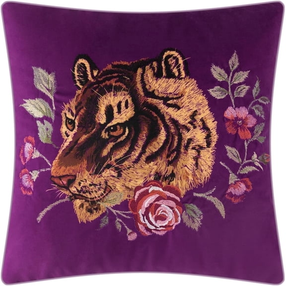 JWH Print and Embroidery Tiger Pillow Covers in Berry Purple Soft Velet Throw Pillow Covers 18x18inch for Room Decoration