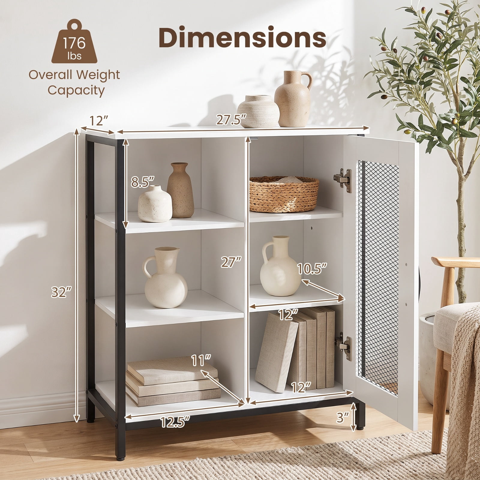 Furnibear Industrial Side Cabinet with Metal Mesh Door and 3 Open Shelves Narrow Buffet Sideboard Storage for Kitchen Dining and Living Room, White