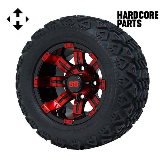 Hardcore Parts 10" Red/Black 'TEMPEST' Golf Cart Wheels and 18″x9″-10″ DOT rated All-Terrain tires - Set of 4, includes Chrome 'SS' center caps and 1/2x20 Black lug nuts