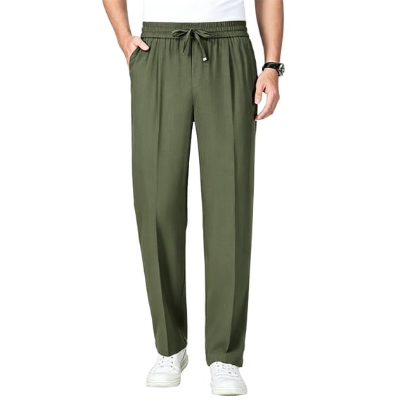 Mens Casual Pull On Pants Drawstring Elastic Waist Sweatpants Pleated Slacks Lightweight Loose Fit Summer Beach Trousers with Pockets Army Green L