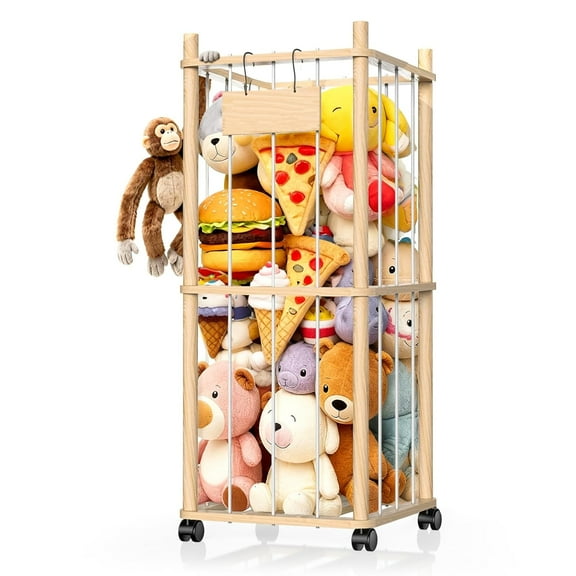 Stuffed Animal Storage & Holder, Natural Pine Wood Plushies Storage with Wheels, Large Capacity Stuffed Animal Zoo with Elastic Cord, Space Save Toy Organizer for Playroom Bedroom & Toddler Room
