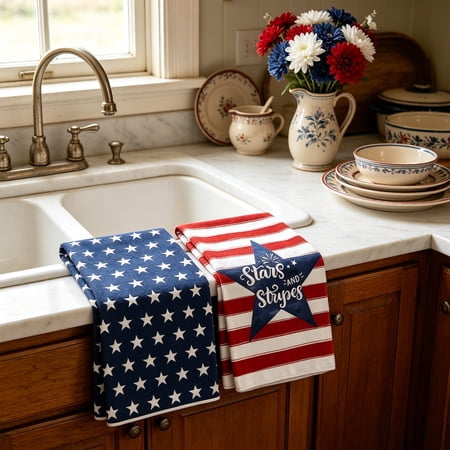 huayou Independence Day 2 PCS Kitchen Dishes Towels Durable Absorbent Hand Towels for Kitchen Bathroom Hotel Camping Picnic Party Dinning Home Decor