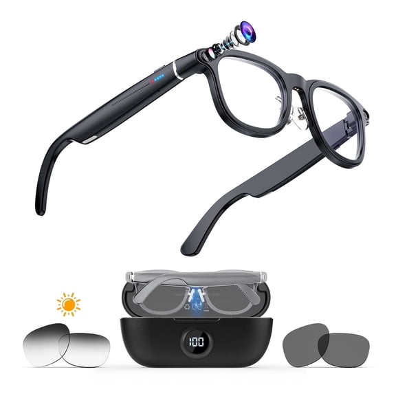 Geryst G1 AI Smart Glasses with Charging Case, 8MP HD Camera Glasses for Men Women, 1200P Video Recording Glasses, Open-Ear Speakers for Audio, Video Recording and Bluetooth, 3 Lens Sets