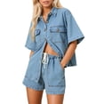 thumbnail image 2 of Short Sets for Women Short Sleeve Button Down Collared Denim Shirt and Shorts 2 Piece Matching Set Streetwear, 2 of 6