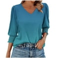 thumbnail image 2 of snilers Women Blouses Dressy Casual 3/4 Length Sleeve Beach Tops Smocked Cuffs V Neck T Shirts Ruffle Sleeve Blouses, 2 of 5