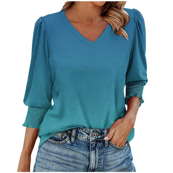 Ndbuld Women's Casual 3/4 Sleeve T-Shirts Round Neck Cute Tunic Tops Basic Tees Blouses Business Work Tee Top Light Blue,XL