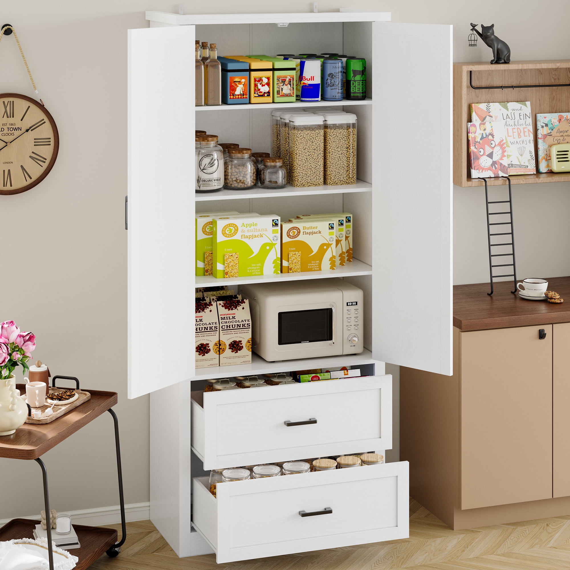 Pantry Organizers and Storage Cabinet, 71'' Barn Door Kitchen Cabinet with Drawers and Adjustable Shelf, Tall Pantry for Kitchen, Dining Room, Living Room. Bathroom and Office