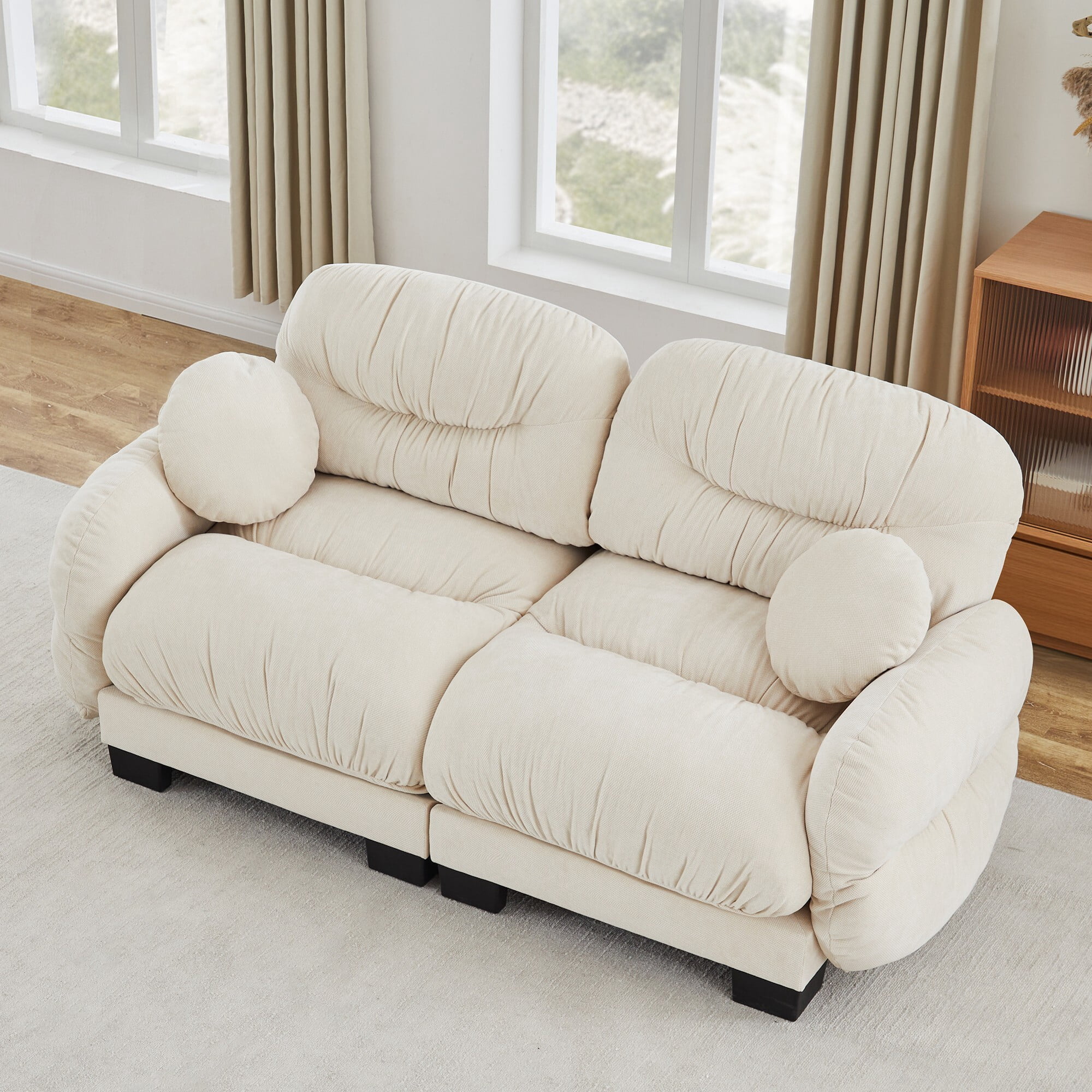 AENKYO 82" Modular Sofa, Cozy Chenille 2-Seater Loveseat w/ Pleated Design, Deep Seat Foam Couch & 2 Pillows, Beige
