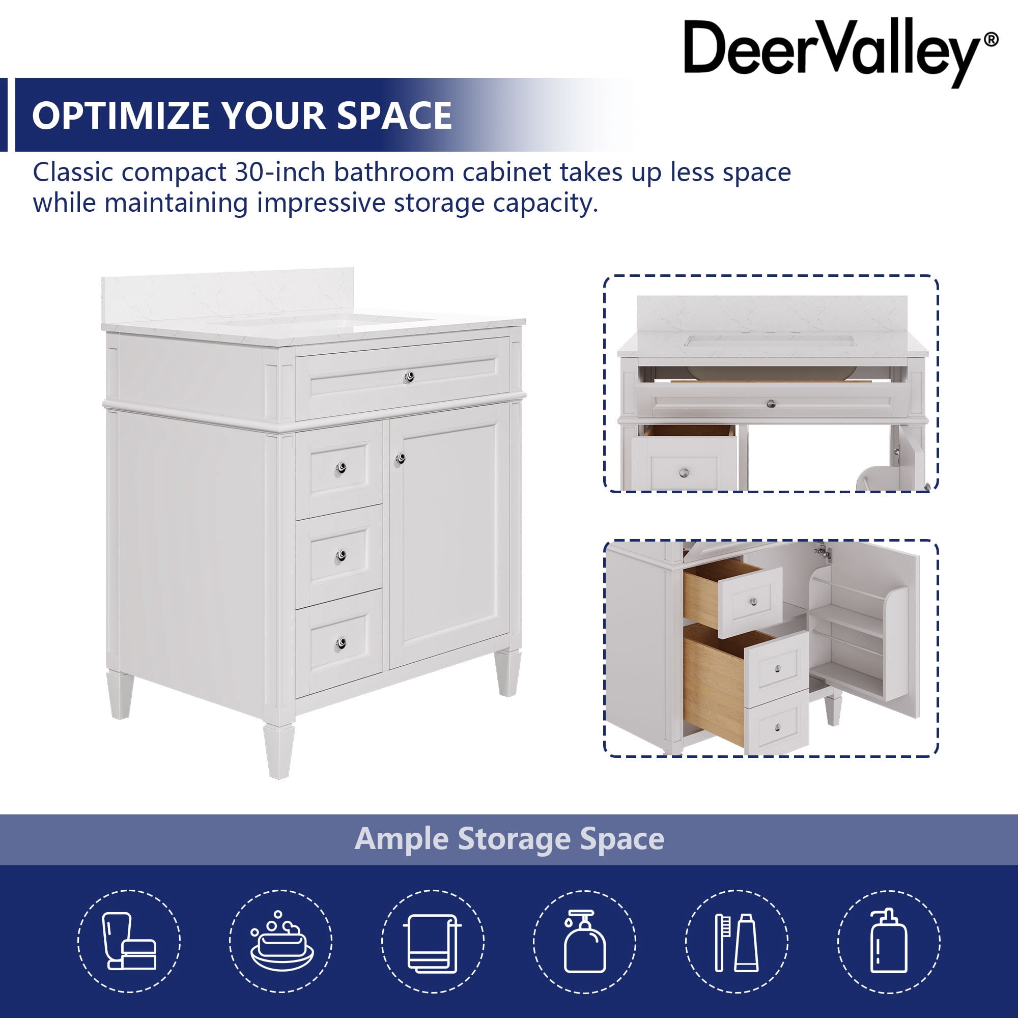 DeerValley Bathroom Vanity 30 Inch Bathroom Vanity with Sink and Backsplash, Pre-Assembled Modern Bath Cabinet with Storage, Soft Close Doors, White
