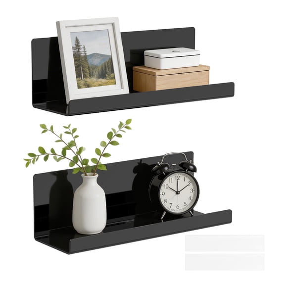 Austok 2Pcs Acrylic Floating Shelves No Drilling Wall Mounted Storage Shelf with Backing Adhesive Easy Install Hanging Display Shelf up to 10lbs for Bathroom Kitchen Study Room Office
