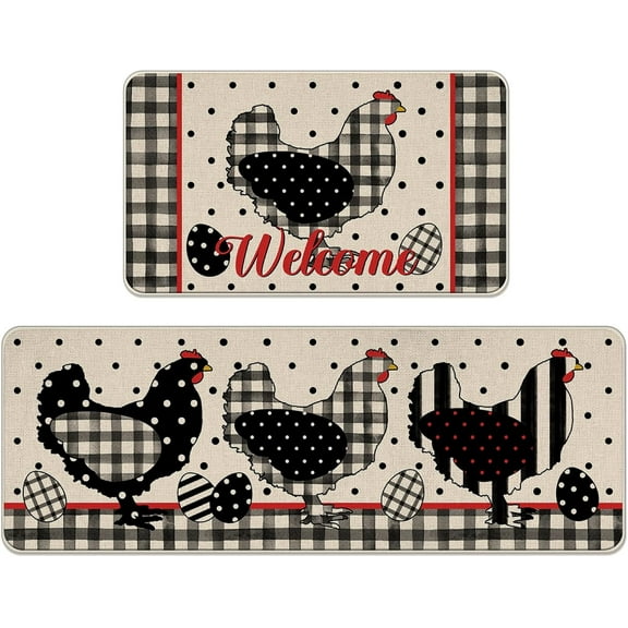 Welcome Easter Chicken Hen Kitchen Rugs Set of 2, Chick Easter Eggs Buffalo Plaid Check Polka Dots Stripes Kitchen Mats Decor, Farmhouse Floor Door Mat Home Decorations - 17x30 and 17x47 Inch