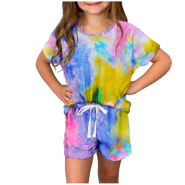 IFNWSV Ensembles d'Été pour Filles Mode Garçons Décontracté Manches Courtes Col Rond Col Bouton Imprimé Ensembles de Shorts 9-10 Ans