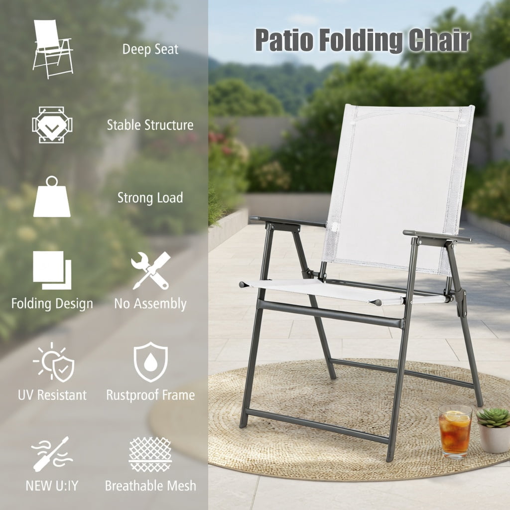 Hommoo 4-Pack Folding Patio Chairs, Rust-Resistant Metal Frame, Fabric, High-Back Comfort Design for Backyard, Deck & Camping, White