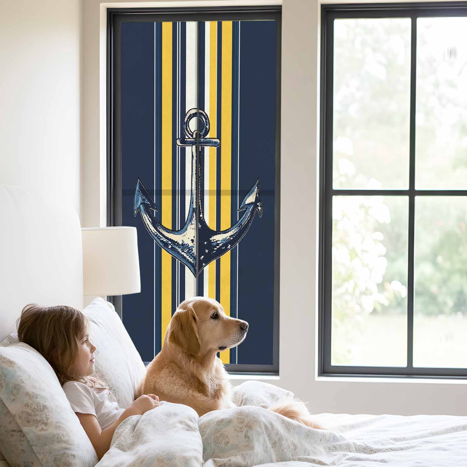 Vintage Anchor Window Privacy Film, Yellow Blue Striped Frosted Glass Window Clings Static Cling UV Heat Blocking Reusable Door Sticker for Bathroom 23.6 x 59 Inch