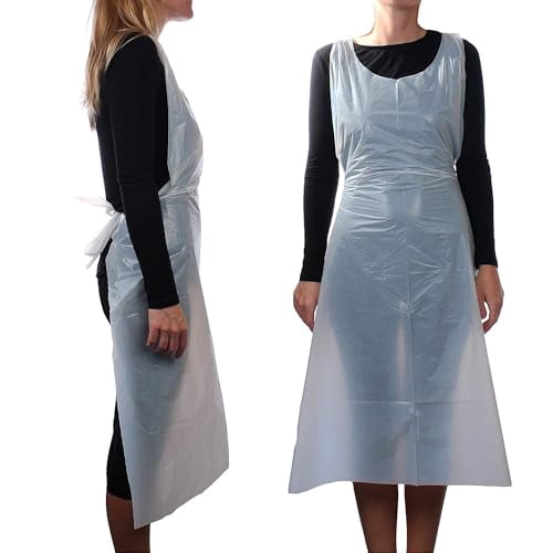 Disposable Plastic Aprons, 27.5 X 46 inches, Waterproof Bibs for Adults Cooking, Arts and Crafts, Housework, Painting & Salon (White - 100 Pack)