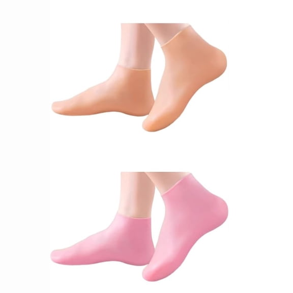 TELOLY Reusable Silicone Socks for Dry Cracked Feet & Heels - Moisturizing Socks for Women and Men Fits Sizes Us5-12 - Lotion Rubber Socks for Overnight Repair & Spa Treatment (Beige & Pink)
