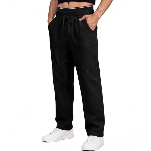 Chiccall Beach Linen Pants for Men Summer Casual Cotton Drawstring Trouser Lightweight Elastic Waist Straight Leg Pant with 3 Pockets