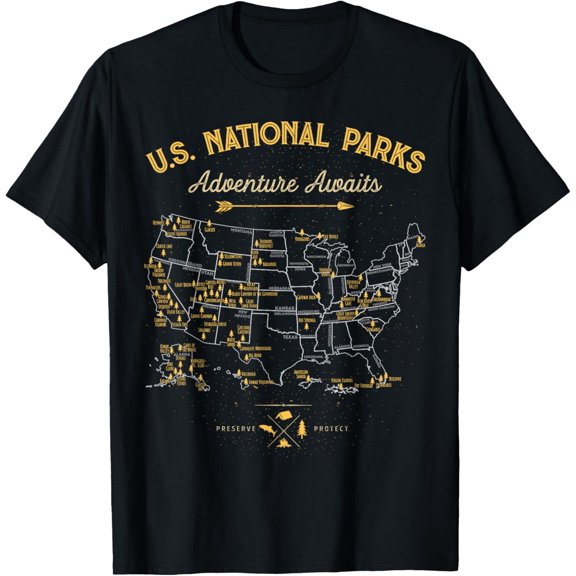 63 National Parks Map US Park Retro Vintage Camping Hiking T-Shirt