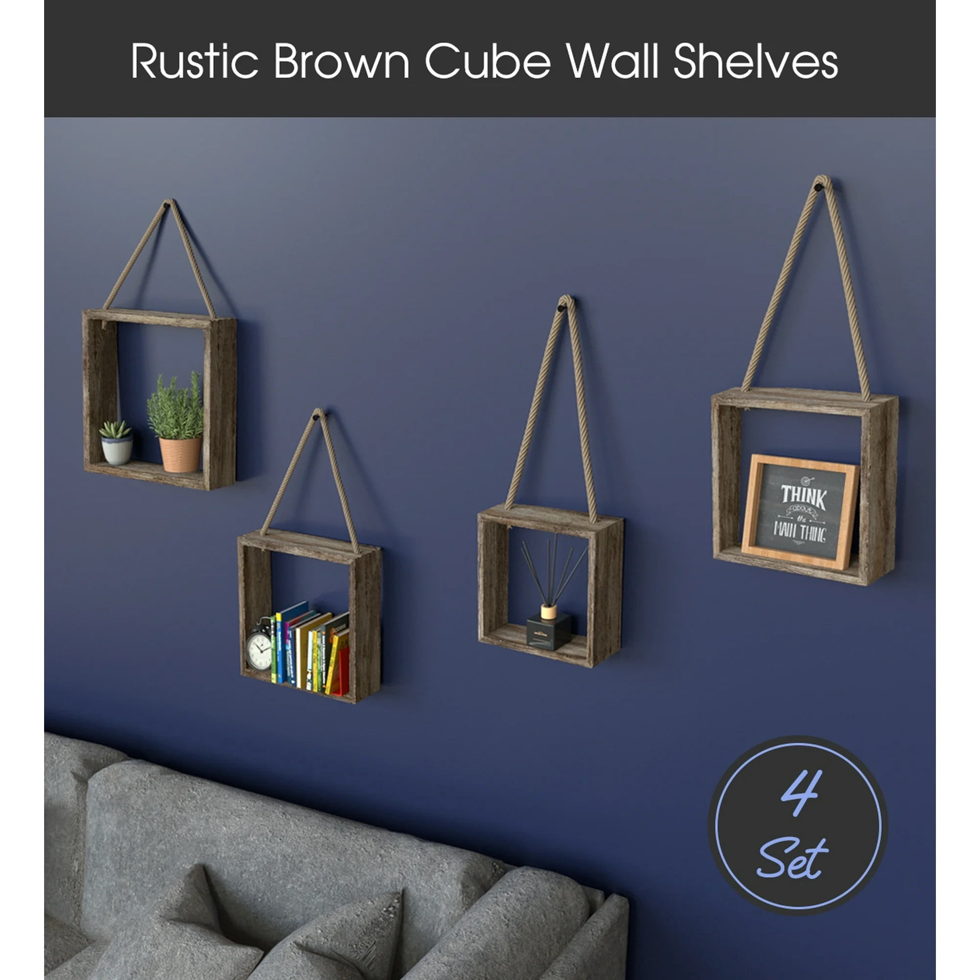 TEAFIRST Set of 4 Floating Hanging Square Shelves, Wall Mounted Rustic Wood Shelf for Living Room