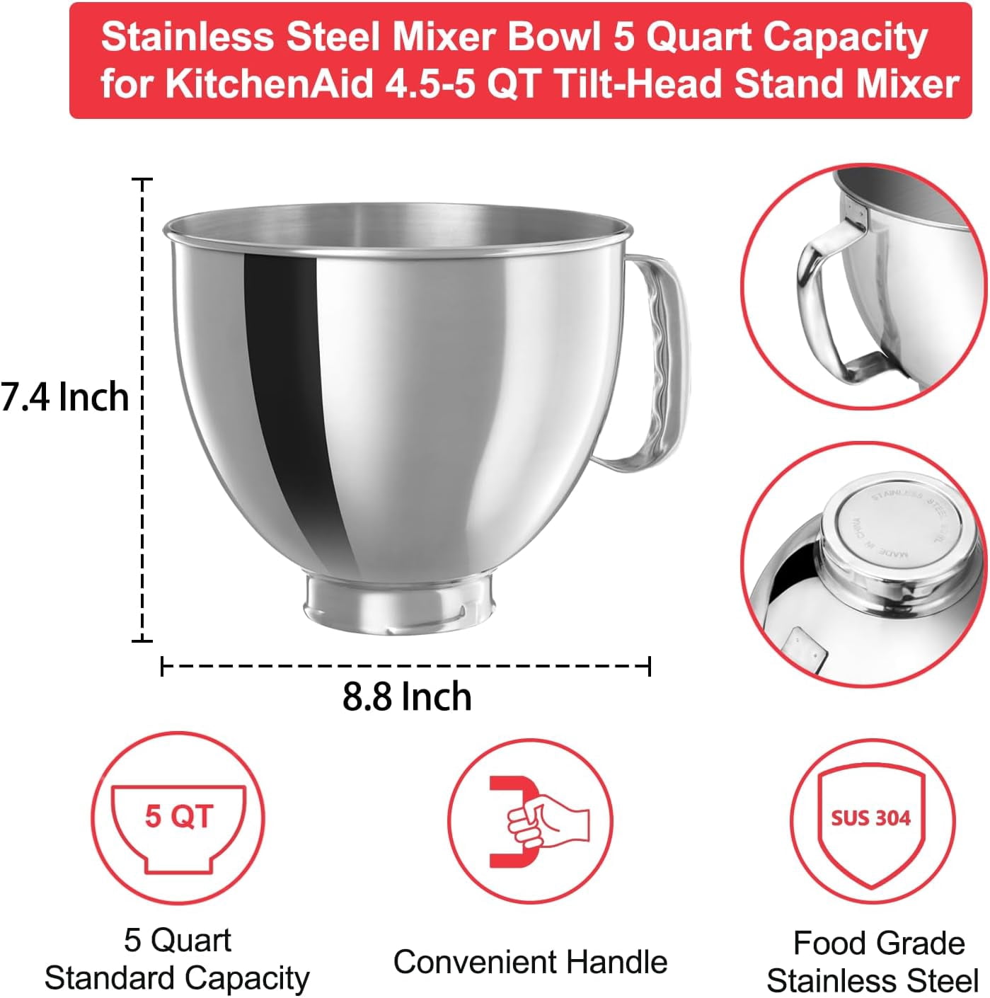 Stainless Steel Bowl for KitchenAid Classic&Artisan Series 4.5-5 QT Tilt-Head Mixer, 5 Quart 304 Stainless Steel Bowl with Handle, Dishwasher Safe