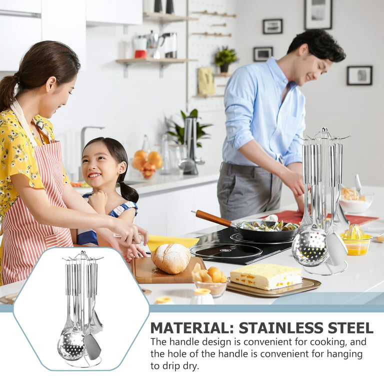 6pcs Stainless Steel Cooking Utensil Set Utility Kitchen Utensils Cookware Set and 1pc Storage Stand Rack for Home