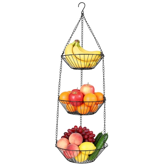 Topsome 3 Tier Hanging Fruit Basket for Kitchen, Hanging Produce Basket with Sturdy Metal Chain Heavy Duty Wire Basket Organizer Space Saving Fruit and Vegetable Basket Storage, Black