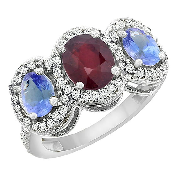 10K White Gold Natural Quality Ruby & Tanzanite 3-stone Mothers Ring Oval Diamond Accent, size 6