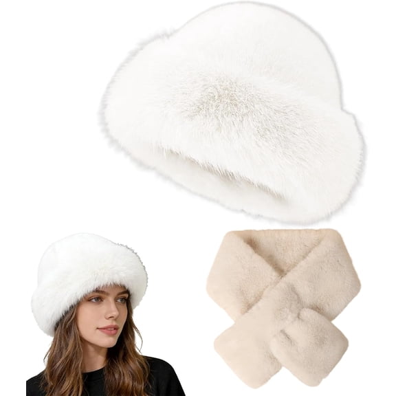 Faux Fur Bucket Hat, Cozy Fluffy Wide Brim Winter Hat for Women with Matching Scarf, Fuzzy Fashion Bucket Cap for Girls Women (White)