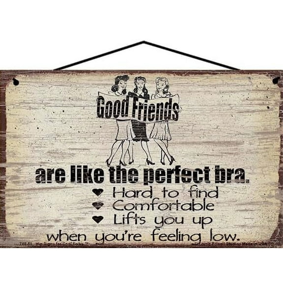 5x8 Vintage Style Sign Good Friends Are Like The Perfect Bra - Humorous Wall Art Quote for Bedroom, Bathroom, Dressing Room - Gift for Women, Friendships, Comfort and Laughter