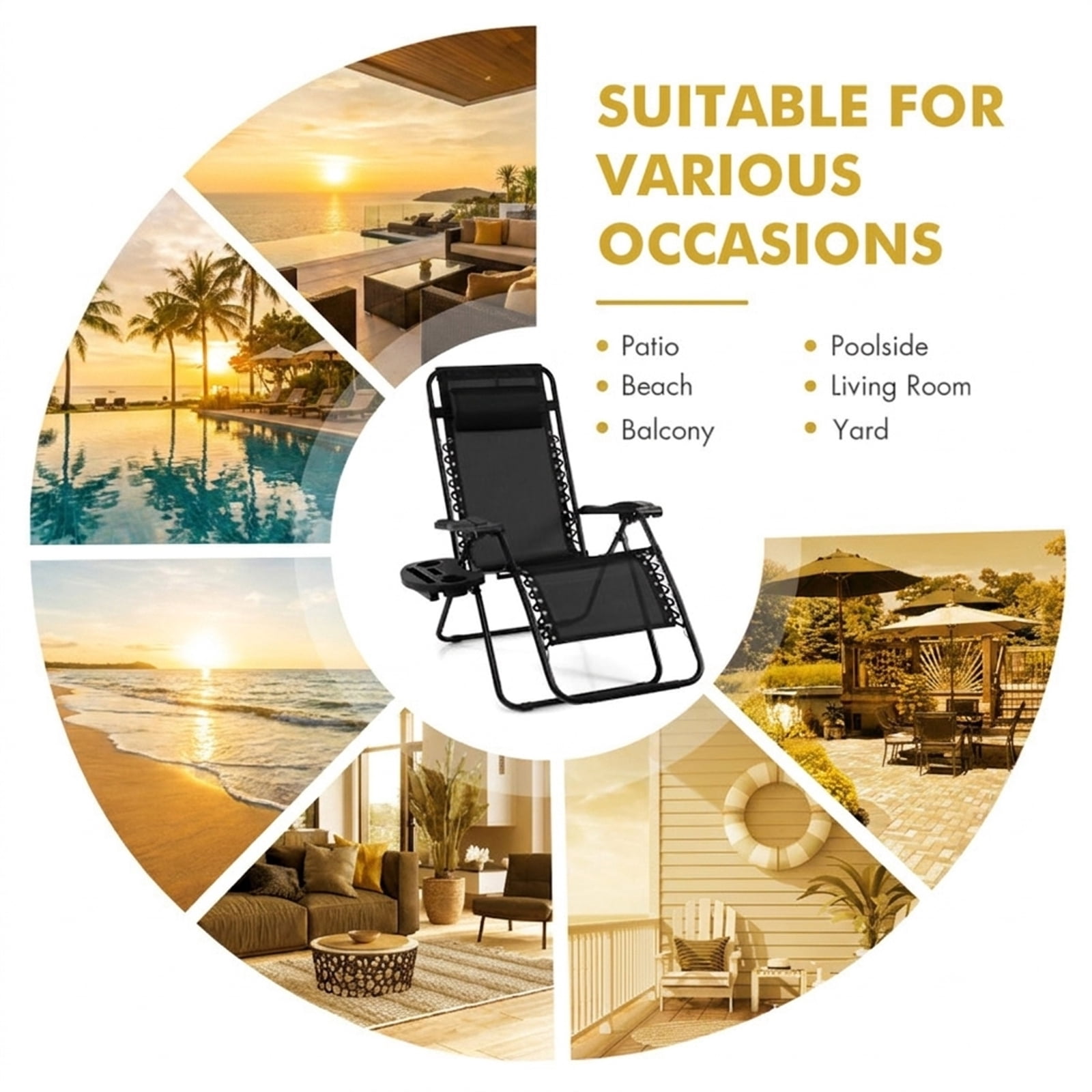 Furnibear Outdoor Folding Zero Gravity Recliner Lounge Chair with Adjustable Lock Removable Cup Holder Tray Detachable Headrest Steel Aluminum Frame and 350 lb Capacity, Dark Red
