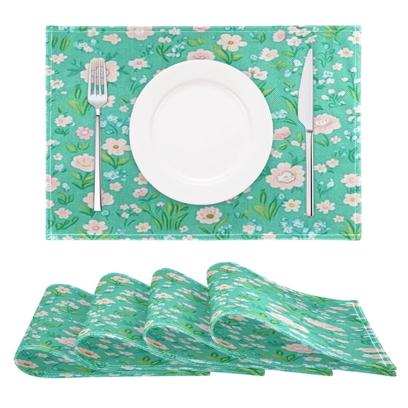 Mint Green Floral Pattern Reversible Placemat Non Slip Coffee Mat 18x12 Inch for Dining, Kitchen, Coffee