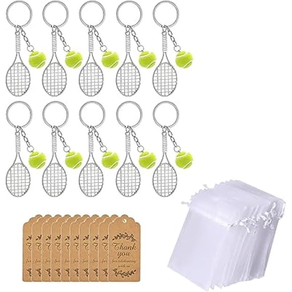 10pcs Tennis Keychain Set, Ball Keychain With Drawstring Bag And Label, Cute Bag Charm Keychain Gift For Men Tennis Lovers Sports Fans