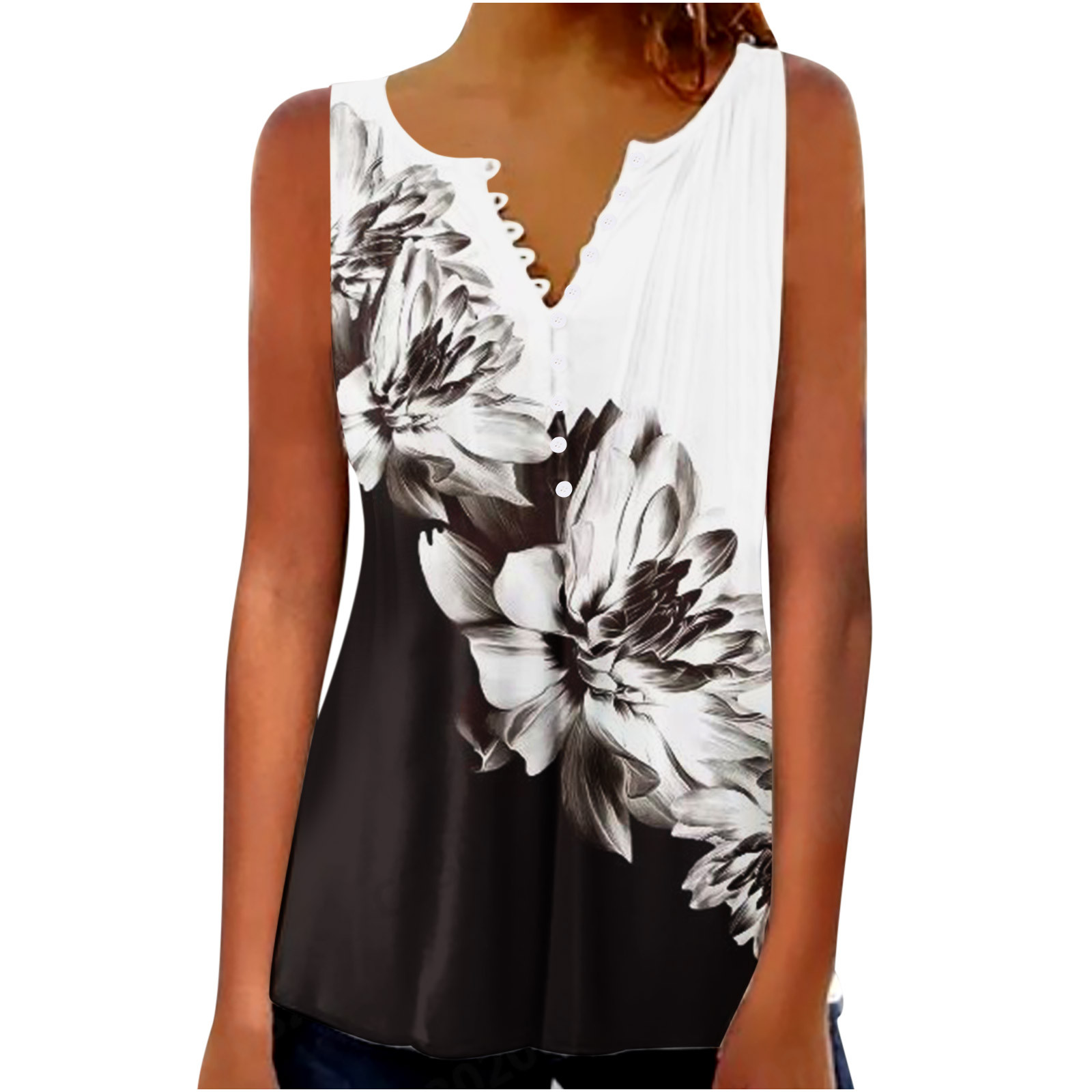 Womens Floral Tanks Button Notch V Neck Tank Tops for Women Sleeveless
