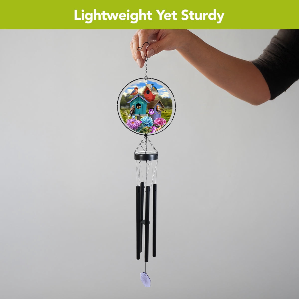 Briarwood Lane Spring LED Illuminated Solar Powered Glass Suncatcher  Wind Chime 37x8 Colorful Birdhouses For Spring Wind Chime For Outdoors Melodic Metal Windchimes Wind-Chimes