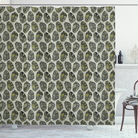 Leaves Shower Curtain, High Detail Large Leafy Silhouettes, Fabric Bathroom Set with Hooks, 69W X 70L Inches, Dimgray Dark Tan, by Ambesonne