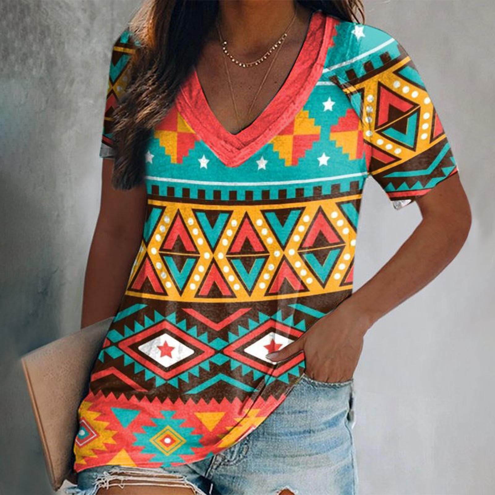 Summer Tops for Women Trendy Short Sleeve V Neck T Shirts Ethnic Print Tops Casual Tunic Shirts Loose Fit Basic Blouse 