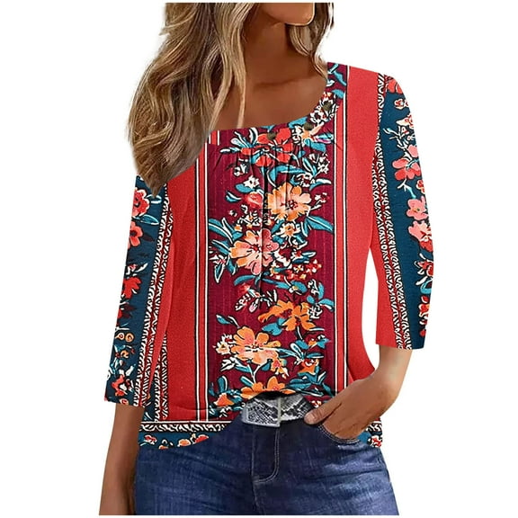 CYMMPU Loose Fit Button up Crew Neck 3/4 Sleeve Tunic Tops Floral Printed Blouses for Women Dressy Casual Fall Fashion Shirts Spring Tops Plus Size Blouse Red XL