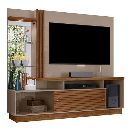 Moveis Centro de Entretenimiento para TV de hasta 60" Modelo Frizz Plus con Puertas correderas, estantes de Vidrio, MDP Resistente Color Gris / Natural