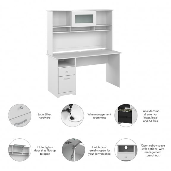Cabot 60W Computer Desk with Hutch in White - Engineered Wood