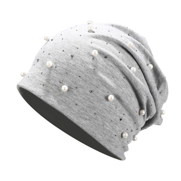 HNMKIU Fashion Pearl Stretch Knit Headwrap Scarf Hat for Women Elegant Baseball Cap Style Headgear Grey,One size