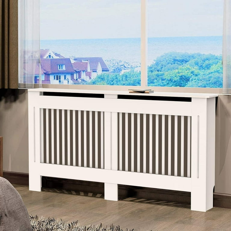 White Modern Radiator Cover - MDF Wood Cabinet With Louvered Grill, Shelf, 70x70x20cm (27x27x8in)