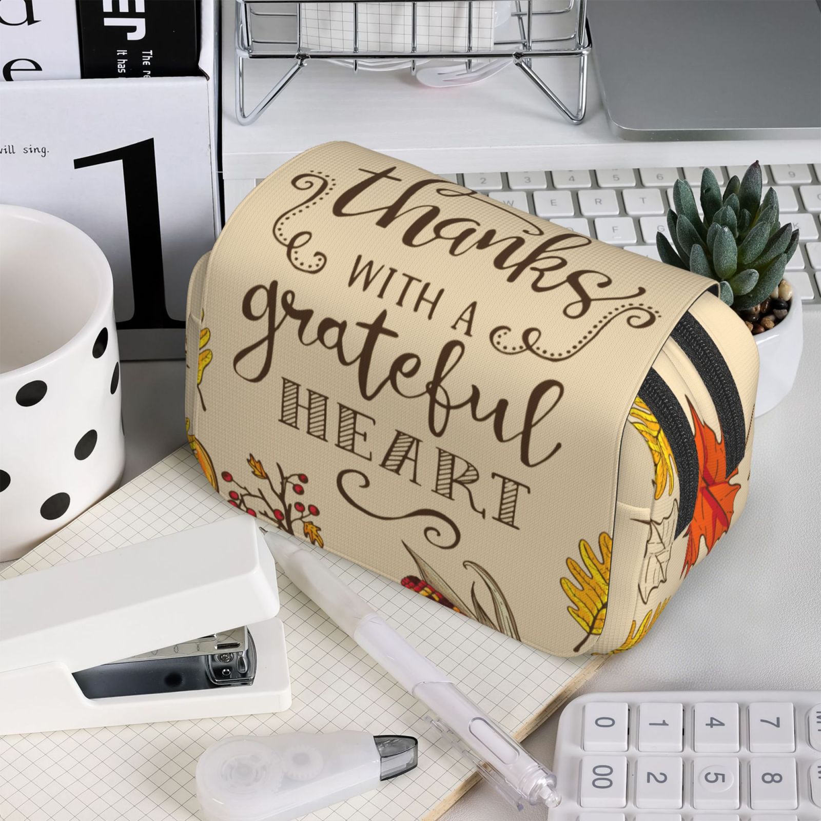 Rateoe Thanksgiving With A Grateful Heart Pattern Double Clamshell Pen Case, Storage Organizer with Two Zipper Compartments– Holds Up to 50 Pencils & Pens