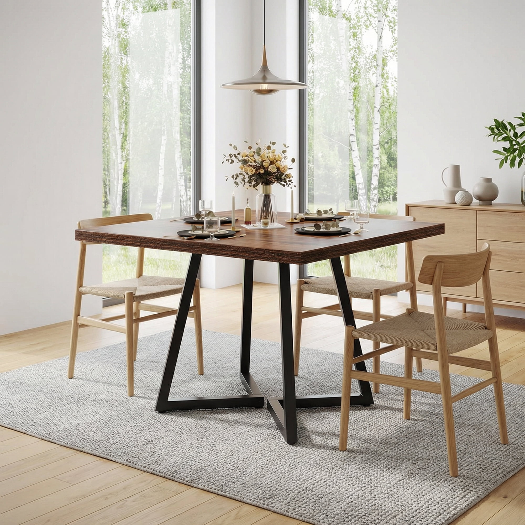 31.5 Inch Square Dining Table, Industrial Style Small Kitchen Table With Sturdy Metal Base, Space-Saving Dinner Table For 2-4 People, Brown Finish For Modern & Rustic Decor