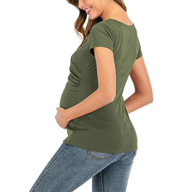 Boob Short-sleeved Ruched Maternity & Nursing Top, Khaki - Soft eucalyptus  fabric woman