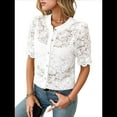 thumbnail image 2 of Womens Lace Short Puff Sleeve Casual Eyelet Crew Neck Button Down Shirts White M, 2 of 7
