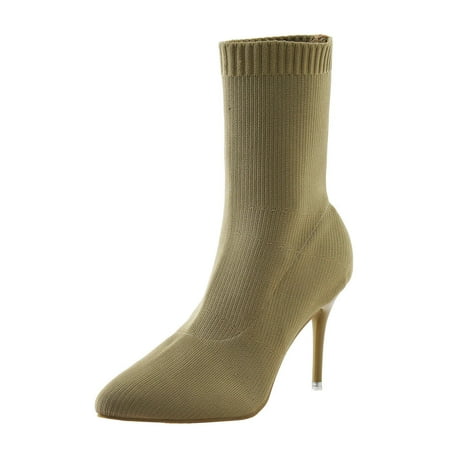 

SEMIMAY Women Ankle Boots Autumn And Winter Solid Color Simple Fashion Thin Heel Pointed Toe Stretch Knit Slip On