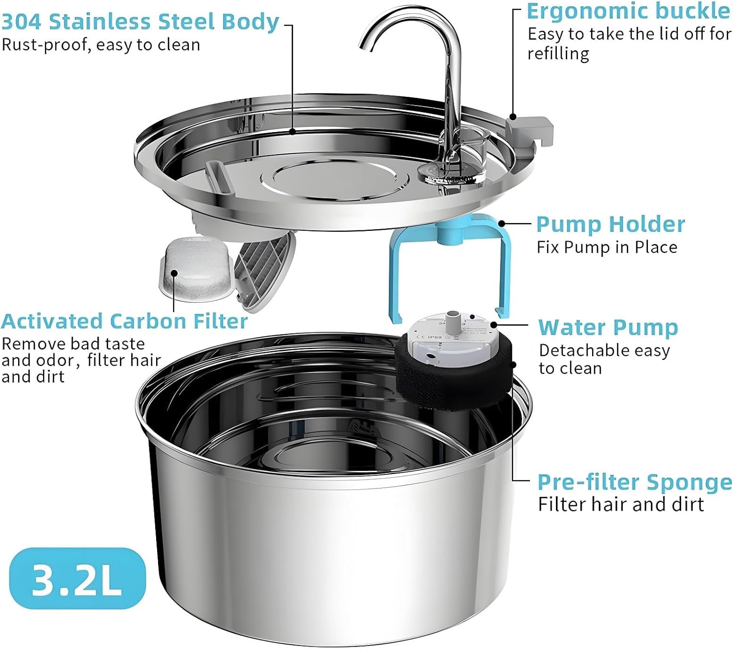 Pawquench Automatic Pet Water Fountain, 2025 Self Cleaning Dog Water Fountain, Stainless Steel Pet Water Dispenser with Filter and Pump for Cats & Dogs