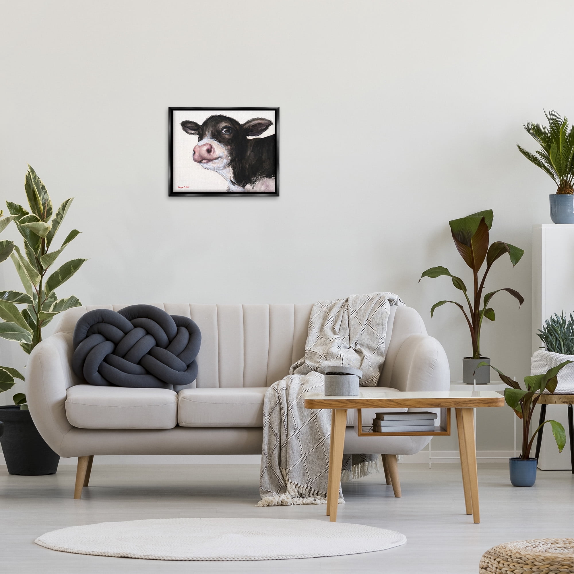 Stupell Industries Cow Calf Minimal Painting Animals & Insects Painting Black Floater Framed Canvas Art Print Wall Art, 21 x 17
